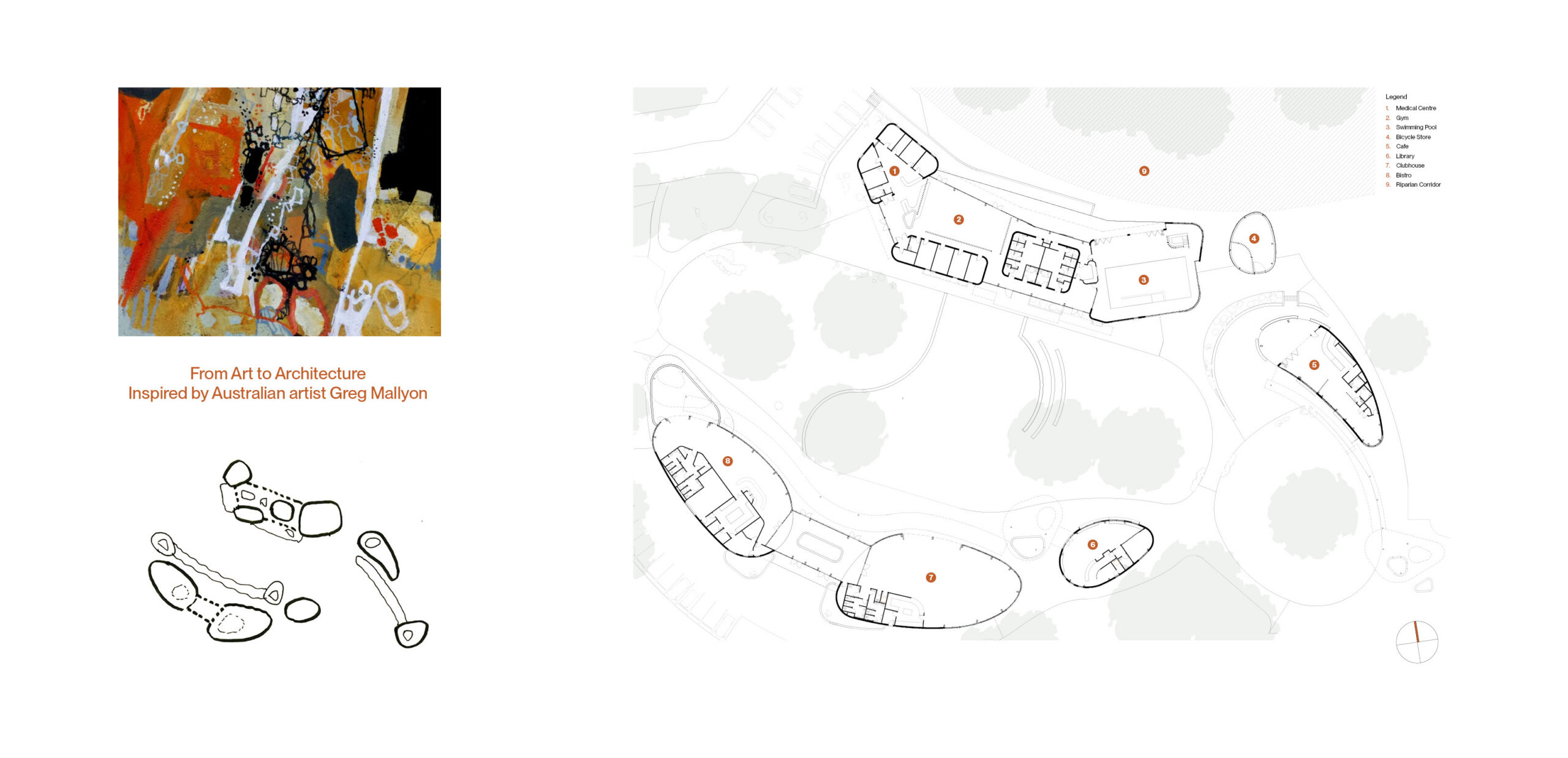 IRT Moruya Community Development Master Plan concept sketch and site plan by Wetherill Architects and inspirational artwork by Greg Mallyon