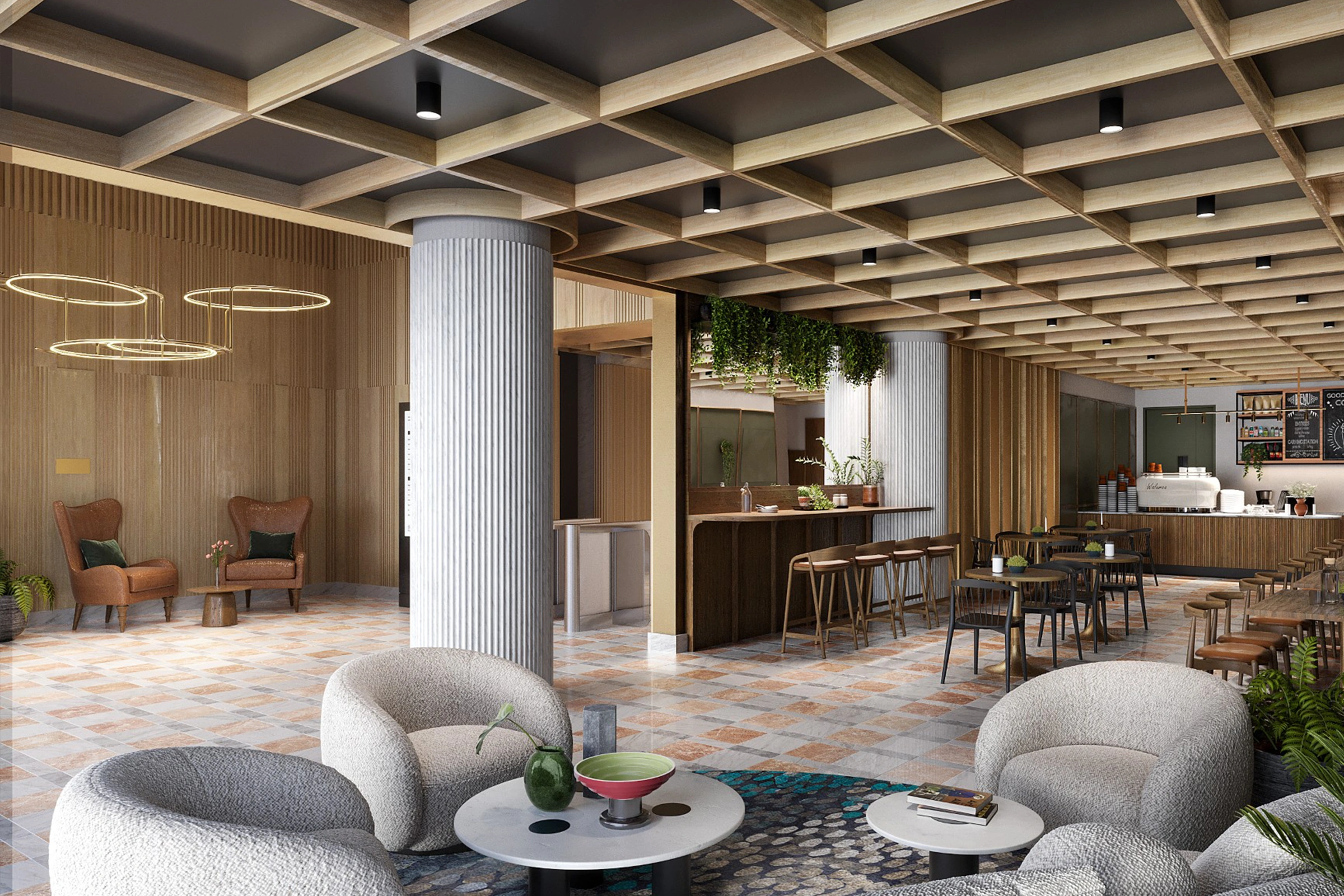 Lobby refurbishment at 169–171 Phillip Street in Sydney by Wetherill Architects, with coffered ceiling, lounge seating and warm timber finishes