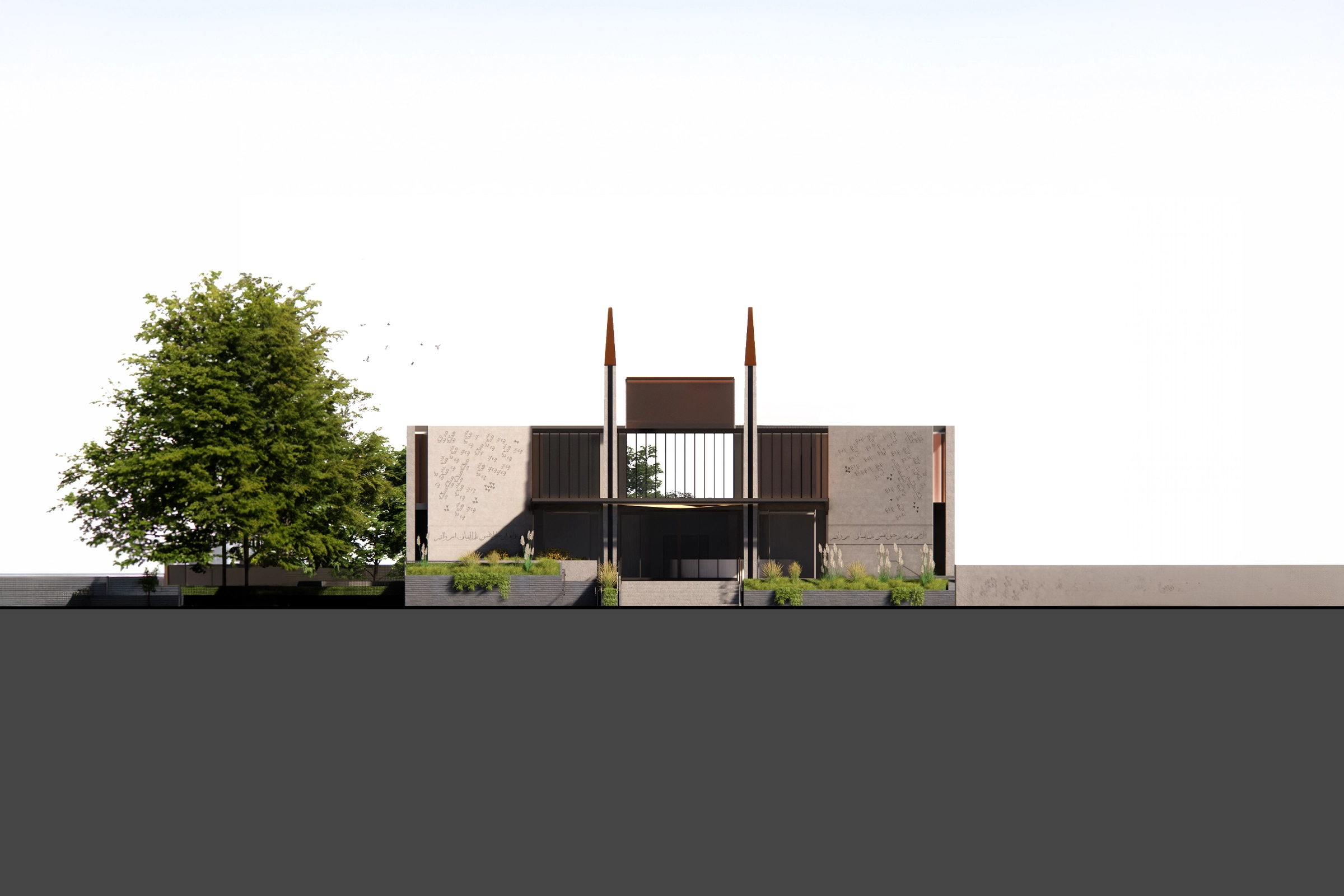 Architect's concept elevation of Unity Grammar Junior Campus with minaret-like elements offering welcome
