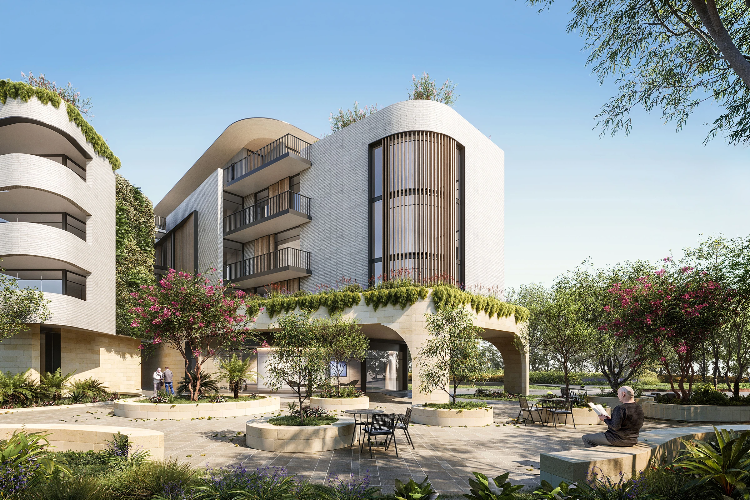 IRT Woonona Aged Care Village in Wollongong, designed by Wetherill Architects, with curved building façade, planted terraces and outdoor community gathering spaces