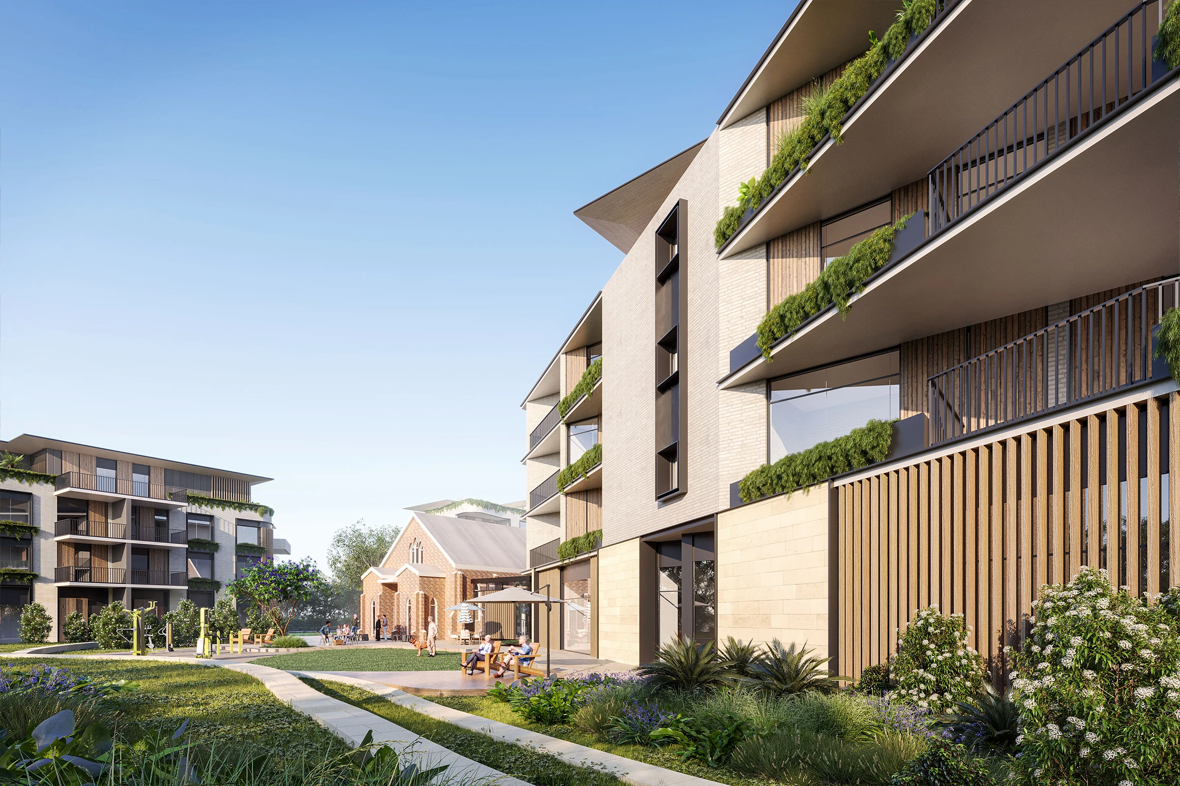 Concept render of IRT Woonona Aged Care Village, residential accommodation with natural materials and planted terraces