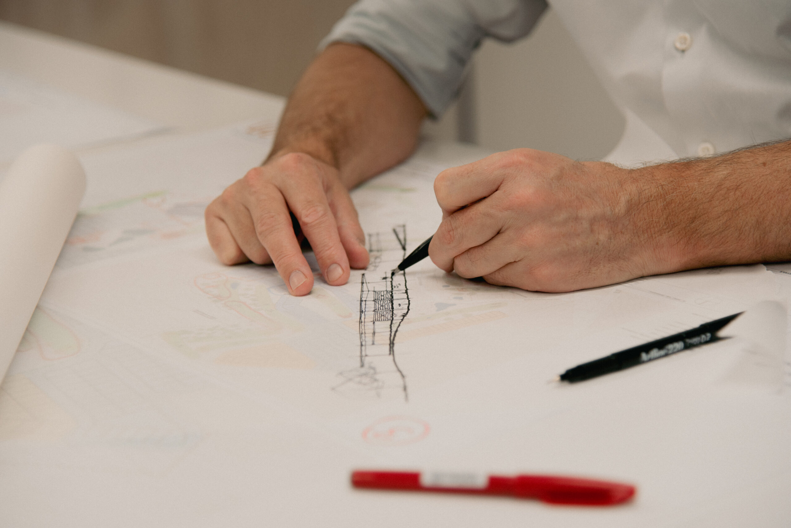 Architectural hand sketch by Toby Wetherill, Director of Wetherill Architects, exploring early design concepts